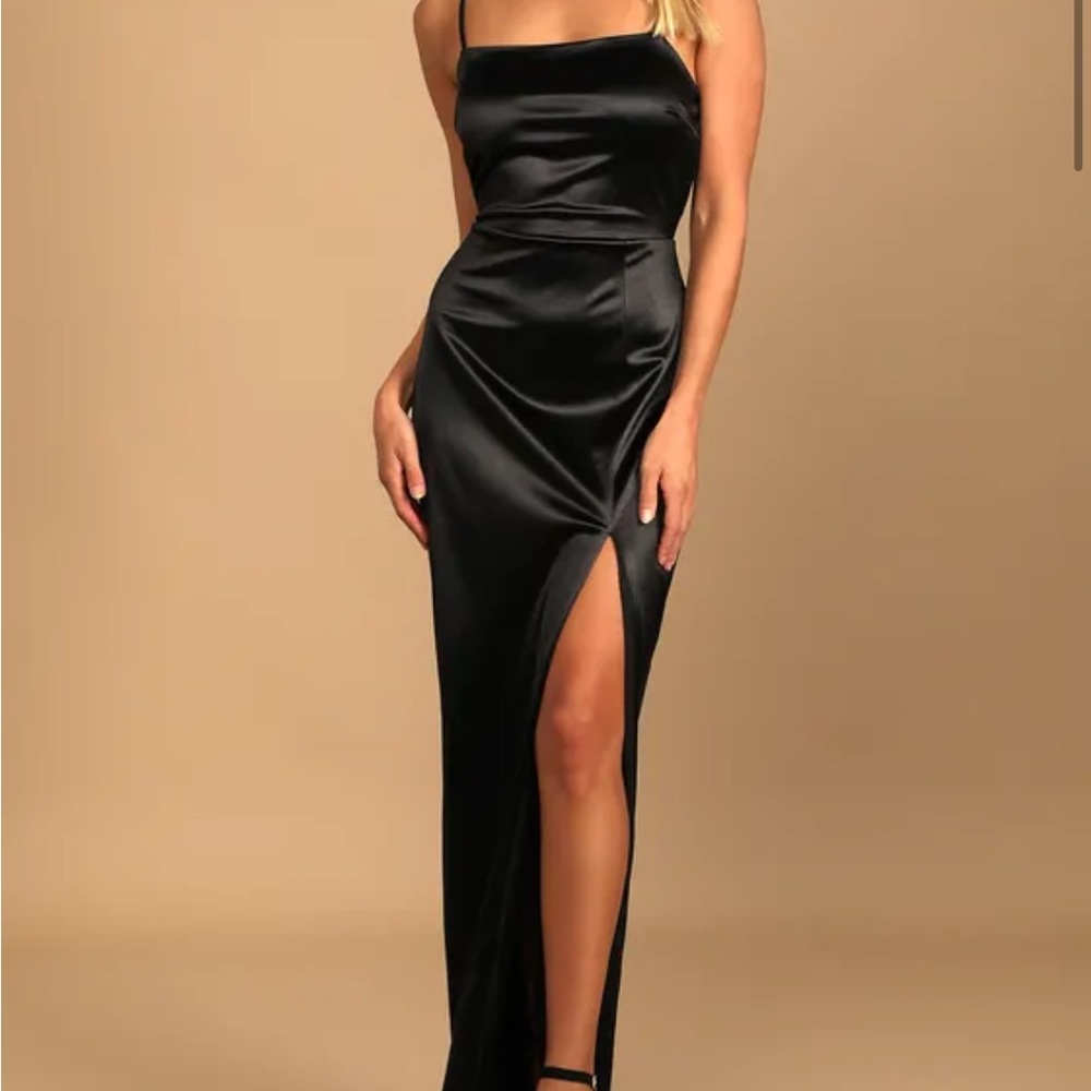Elegant Black Spaghetti Strap Satin Maxi Dress